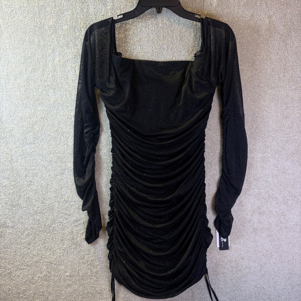 Jump Apparel Ruched Bodycon Dress Women XL Black Glitter Mesh Sleeve 132245K NEW